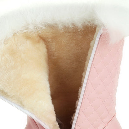 Pu Leather Round Toe Bow Tie Pearls Furry Platform Wedge Heel Mid-Calf Snow Boots for Women