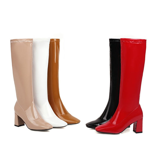 Square Toe Glossy Side Zippers Chunky Heel Knee-High Boots for Women