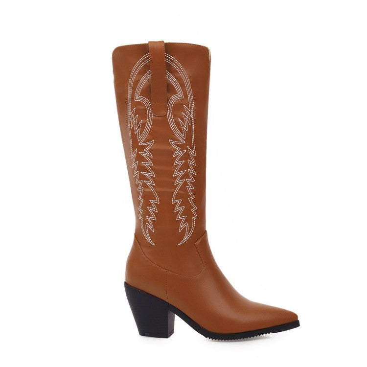 Pointed Toe Side Zippers Embroidery Flowers Beveled Heel Knee-High Boots for Women