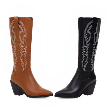 Pointed Toe Side Zippers Embroidery Flowers Beveled Heel Knee-High Boots for Women