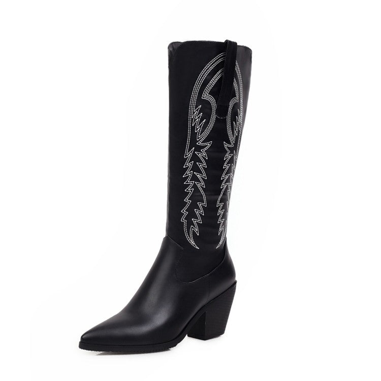 Pointed Toe Side Zippers Embroidery Flowers Beveled Heel Knee-High Boots for Women