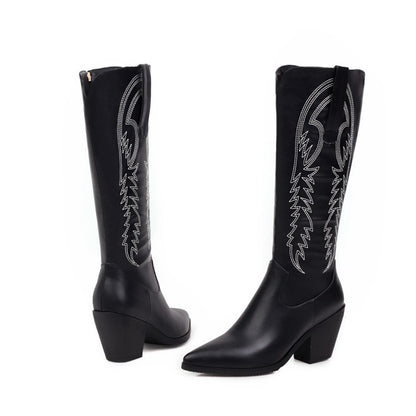 Pointed Toe Side Zippers Embroidery Flowers Beveled Heel Knee-High Boots for Women