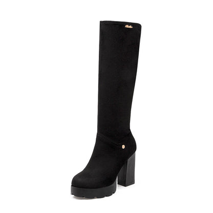 Side Zippers Round Toe Chunky Heel Platform Knee-High Boots for Women