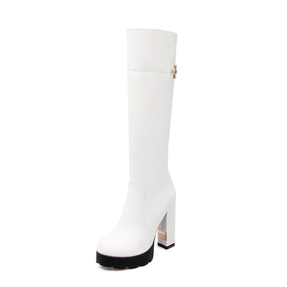 Round Toe Side Zippers Chunky Heel Platform Knee-High Boots for Women