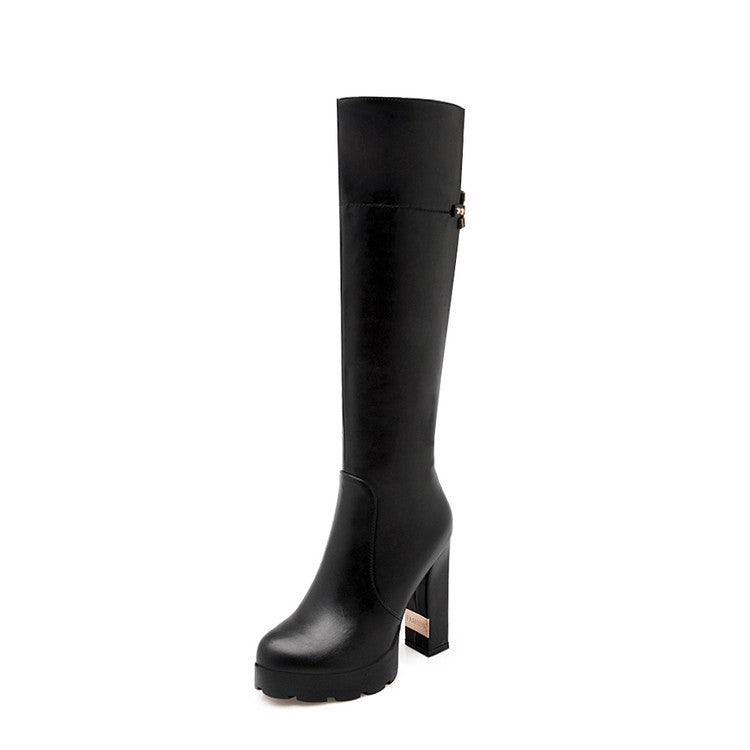 Round Toe Side Zippers Chunky Heel Platform Knee-High Boots for Women