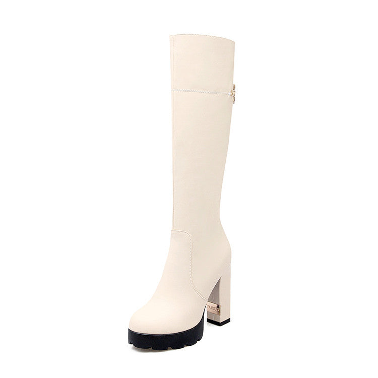 Round Toe Side Zippers Chunky Heel Platform Knee-High Boots for Women