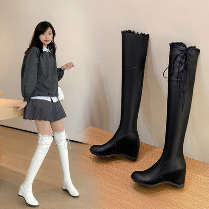 Tied Straps Inside Heighten Wedge Heel Over-The-Knee Boots for Women