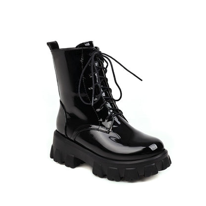 Glossy Round Toe Lace-Up Side Zippers Block Chunky Heel Platform Short Boots for Women