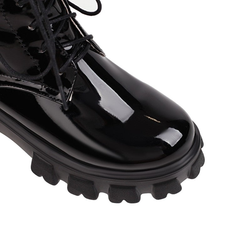 Glossy Round Toe Lace-Up Side Zippers Block Chunky Heel Platform Short Boots for Women