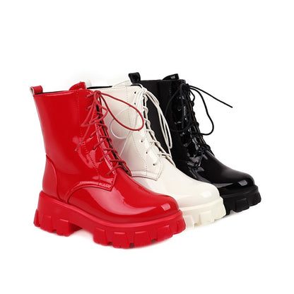 Glossy Round Toe Lace-Up Side Zippers Block Chunky Heel Platform Short Boots for Women