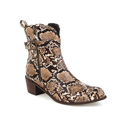 Snake Printed Square Toe Side Zippers Block Chunky Heel Short Boots for Women