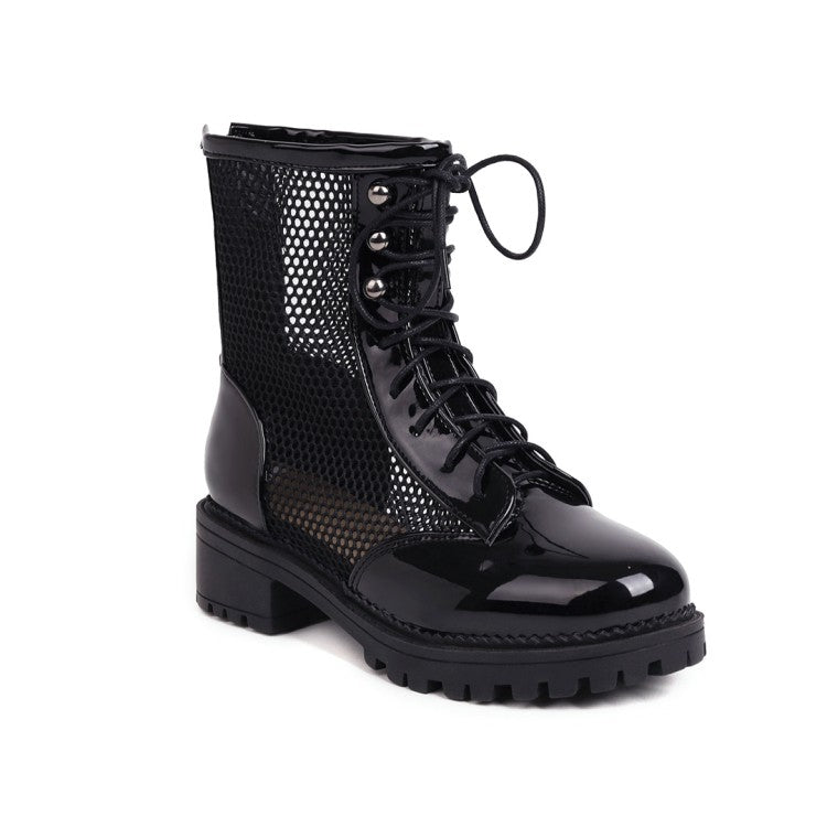 Round Toe Mesh Lace-Up Block Chunky Heel Platform Short Boots for Women