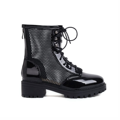 Round Toe Mesh Lace-Up Block Chunky Heel Platform Short Boots for Women