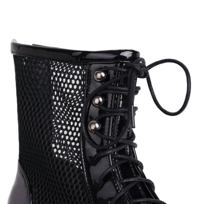 Round Toe Mesh Lace-Up Block Chunky Heel Platform Short Boots for Women