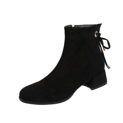 Flock Side Zippers Lace-Up Block Chunky Heel Short Boots for Women