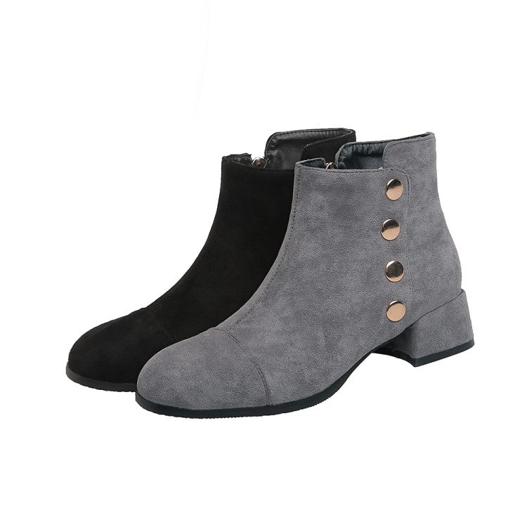 Flock Round Toe Rivets Block Chunky Heel Short Boots for Women