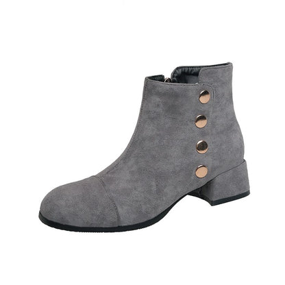 Flock Round Toe Rivets Block Chunky Heel Short Boots for Women