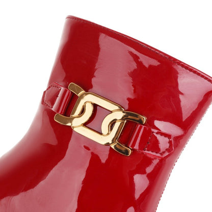 Glossy Square Toe Side Zippers Block Chunky Heel Platform Short Boots for Women