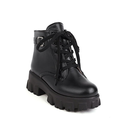 Round Toe Lace Up Buckle Straps Block Chunky Heel Platform Short Boots for Women