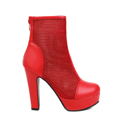 Round Toe Mesh Back Zippers Block Chunky Heel Platform Short Boots for Women