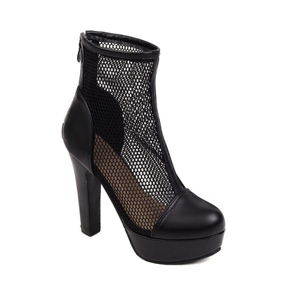 Round Toe Mesh Back Zippers Block Chunky Heel Platform Short Boots for Women