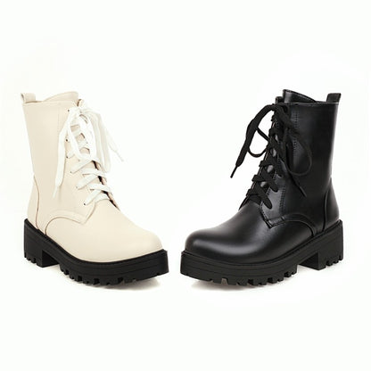 Round Toe Lace-Up Side Zippers Block Chunky Heel Platform Short Boots for Women