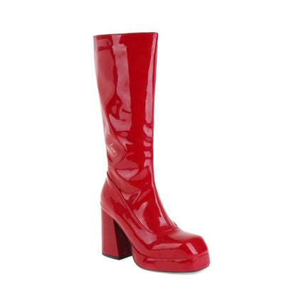 Glossy Square Toe Side Zippers Block Chunky Heel Platform Mid-Calf Boots for Women