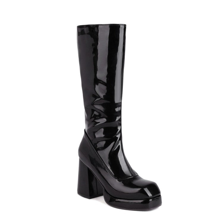 Glossy Square Toe Side Zippers Block Chunky Heel Platform Mid-Calf Boots for Women