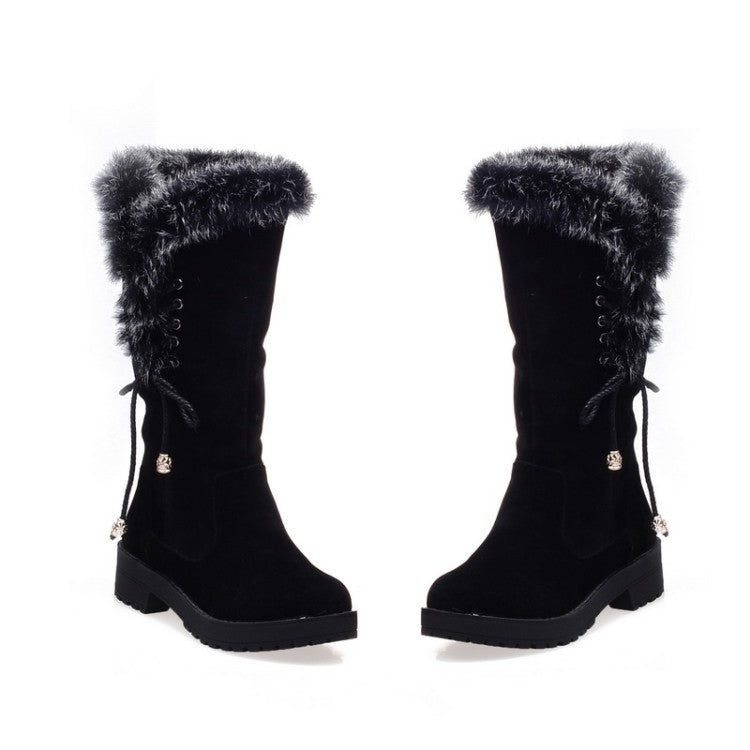 Flock Round Toe Lace-Up Block Chunky Heel Mid-Calf Boots for Women