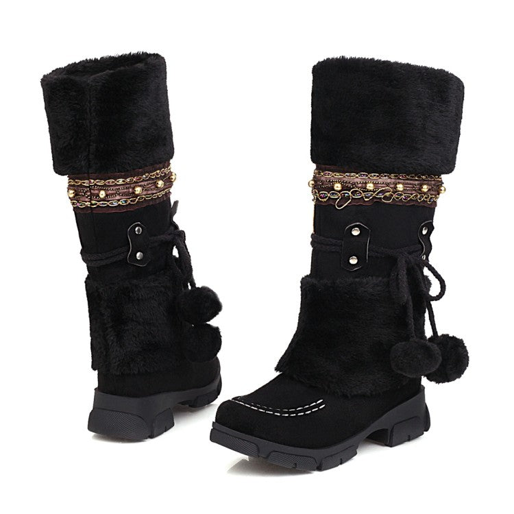 Flock Round Toe Stitch Fur Ball Fold Rivets Block Chunky Heel Platform Mid-Calf Boots for Women