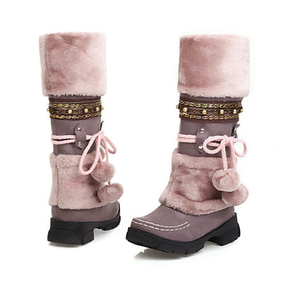 Flock Round Toe Stitch Fur Ball Fold Rivets Block Chunky Heel Platform Mid-Calf Boots for Women