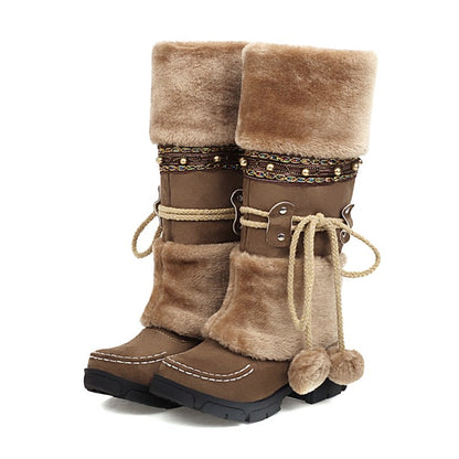 Flock Round Toe Stitch Fur Ball Fold Rivets Block Chunky Heel Platform Mid-Calf Boots for Women