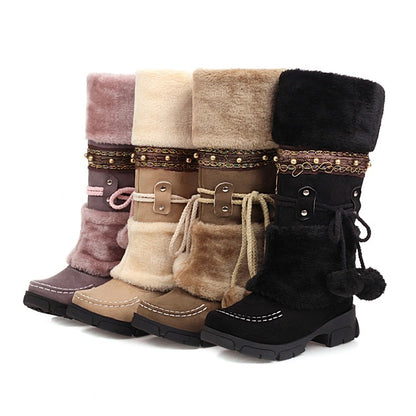 Flock Round Toe Stitch Fur Ball Fold Rivets Block Chunky Heel Platform Mid-Calf Boots for Women