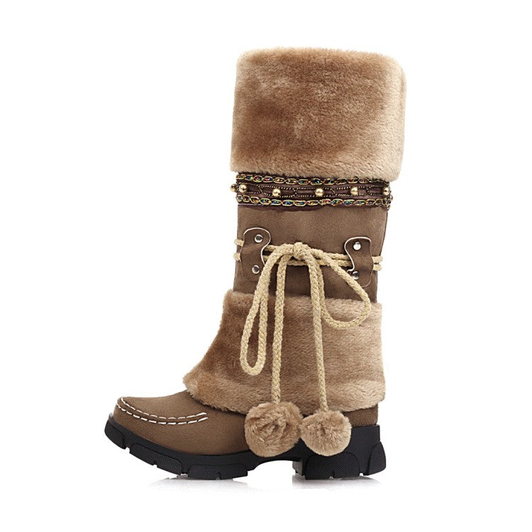 Flock Round Toe Stitch Fur Ball Fold Rivets Block Chunky Heel Platform Mid-Calf Boots for Women