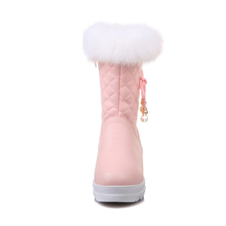 Round Toe Tied Straps Pearls Flat Platform Mid-Calf Boots for Women