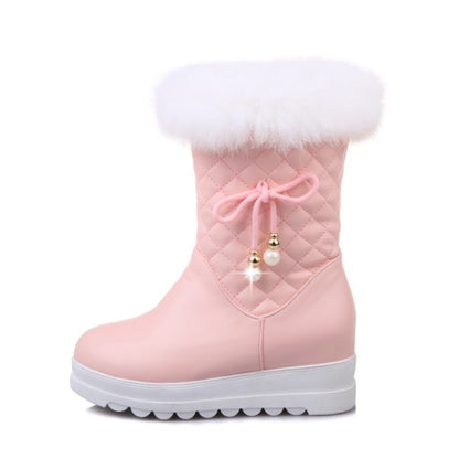 Round Toe Tied Straps Pearls Flat Platform Mid-Calf Boots for Women