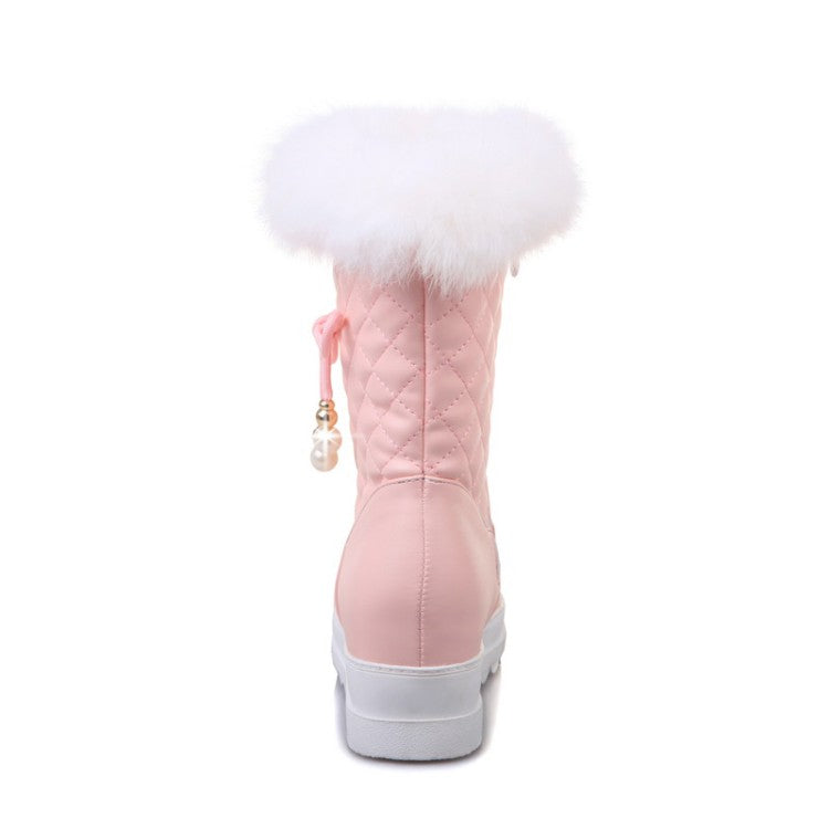 Round Toe Tied Straps Pearls Flat Platform Mid-Calf Boots for Women