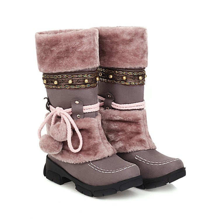 Flock Round Toe Rivets Tied Straps Furry Ball Block Chunky Heel Platform Mid-Calf Boots for Women