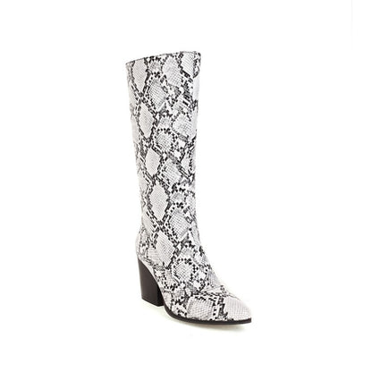 Snake Printed Pointed Toe Side Zippers Block Chunky Heel Mid-Calf Boots for Women