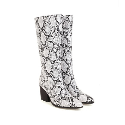 Snake Printed Pointed Toe Side Zippers Block Chunky Heel Mid-Calf Boots for Women