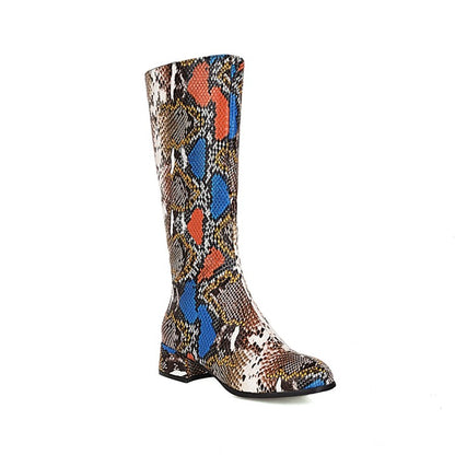 Snake Printed Pointed Toe Side Zippers Block Chunky Heel Mid-Calf Boots for Women