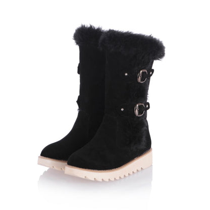 Round Toe Buckle Straps Flat Platform Mid-Calf Boots for Women