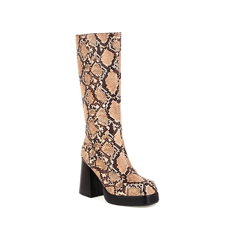 Snake Printed Square Toe Side Zippers Block Chunky Heel Platform Mid-Calf Boots for Women