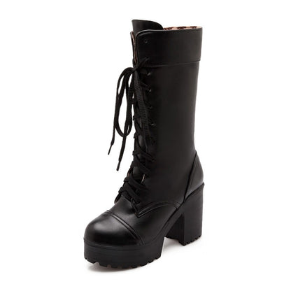 Round Toe Lace Up Block Chunky Heel Platform Mid-Calf Boots for Women