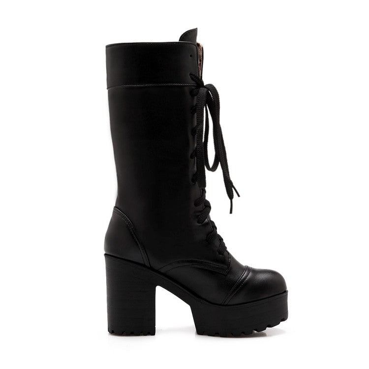 Round Toe Lace Up Block Chunky Heel Platform Mid-Calf Boots for Women