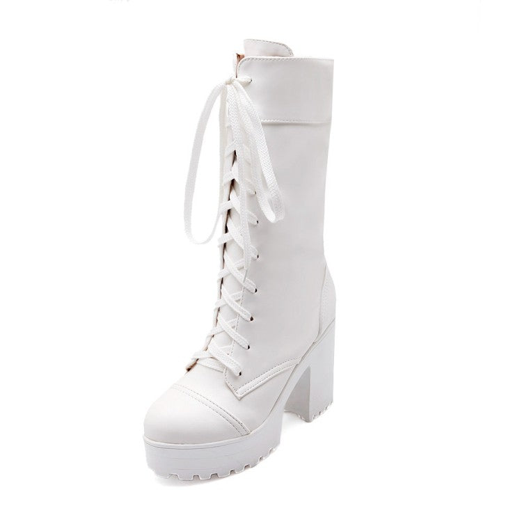 Round Toe Lace Up Block Chunky Heel Platform Mid-Calf Boots for Women