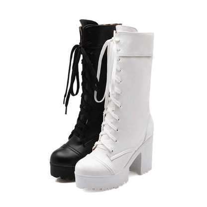 Round Toe Lace Up Block Chunky Heel Platform Mid-Calf Boots for Women