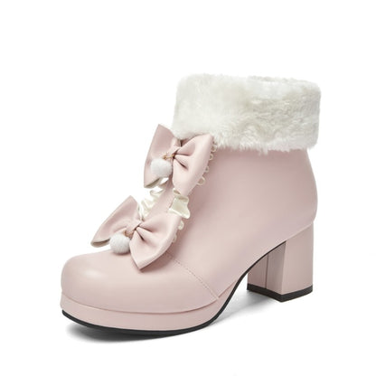 Booties Lolita Round Toe Bows Block Chunky Heel Platform Ankle Boots for Women