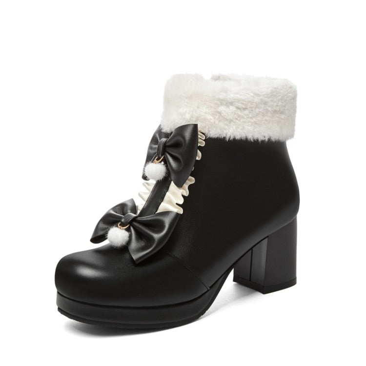 Booties Lolita Round Toe Bows Block Chunky Heel Platform Ankle Boots for Women