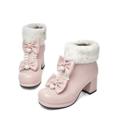 Booties Lolita Round Toe Bows Block Chunky Heel Platform Ankle Boots for Women